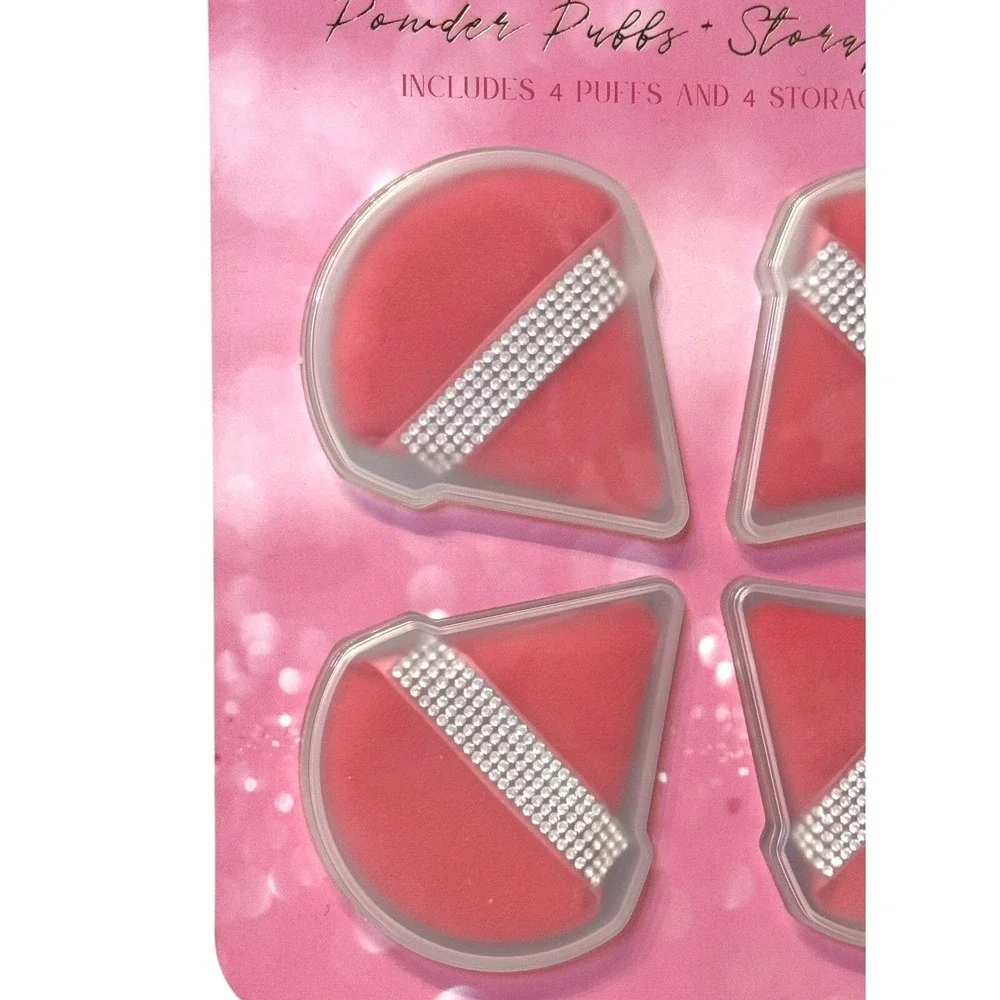 Glitz & Glam Pink Rhinestone Makeup Brush Holder and 4pc Powder Puff‎ Set NEW